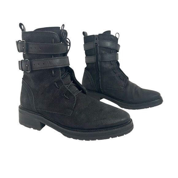 allsaints Shoes - Allsaints Combat Double Strap Buckle Black Lace Up Side Zipper Boots Size 39 9